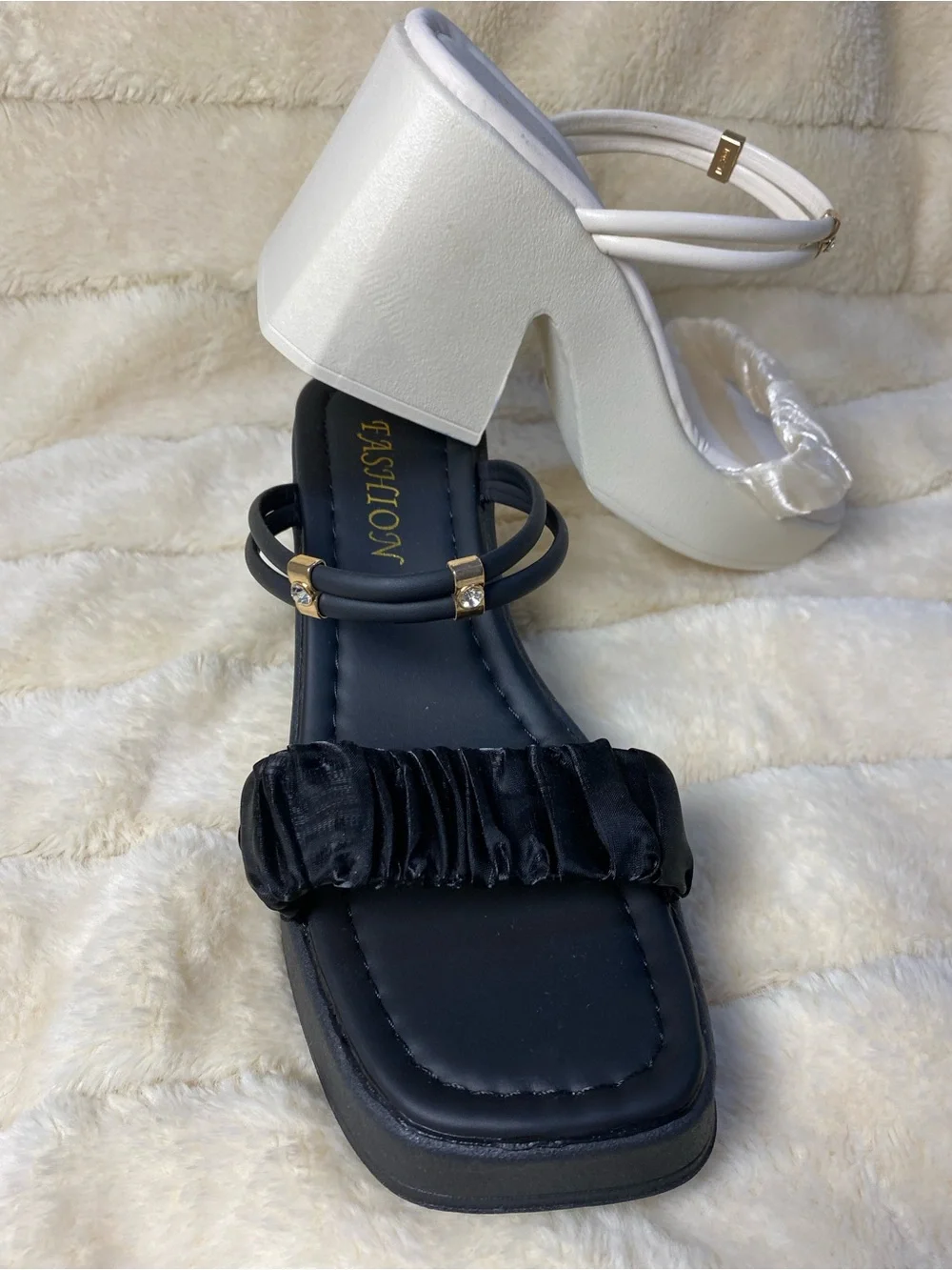 Women's Black and White Heeled Platform Sandals
